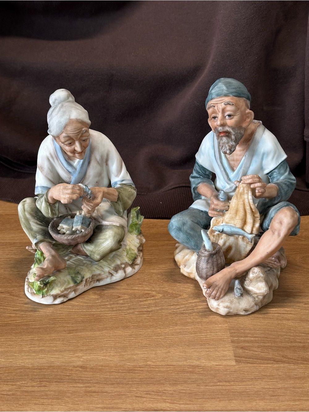Vintage Norcrest Japan F722 Fisherman & Wife Porcelain Figurines Pair